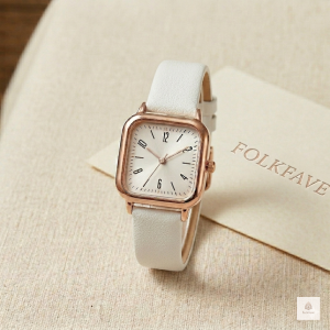 FOLKFAVE women’s rose gold square quartz watch with white dial and White leather strap