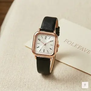 FOLKFAVE Huda Serise women square quartz watch rose gold case black leather strap white dial