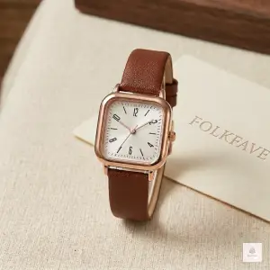 FOLKFAVE women’s rose gold square quartz watch with white dial and brown leather strap