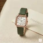 FOLKFAVE women’s rose gold square quartz watch with white dial and green leather strap