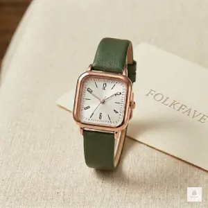 FOLKFAVE women’s rose gold square quartz watch with white dial and green leather strap