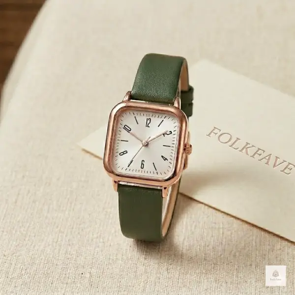 FOLKFAVE women’s rose gold square quartz watch with white dial and green leather strap